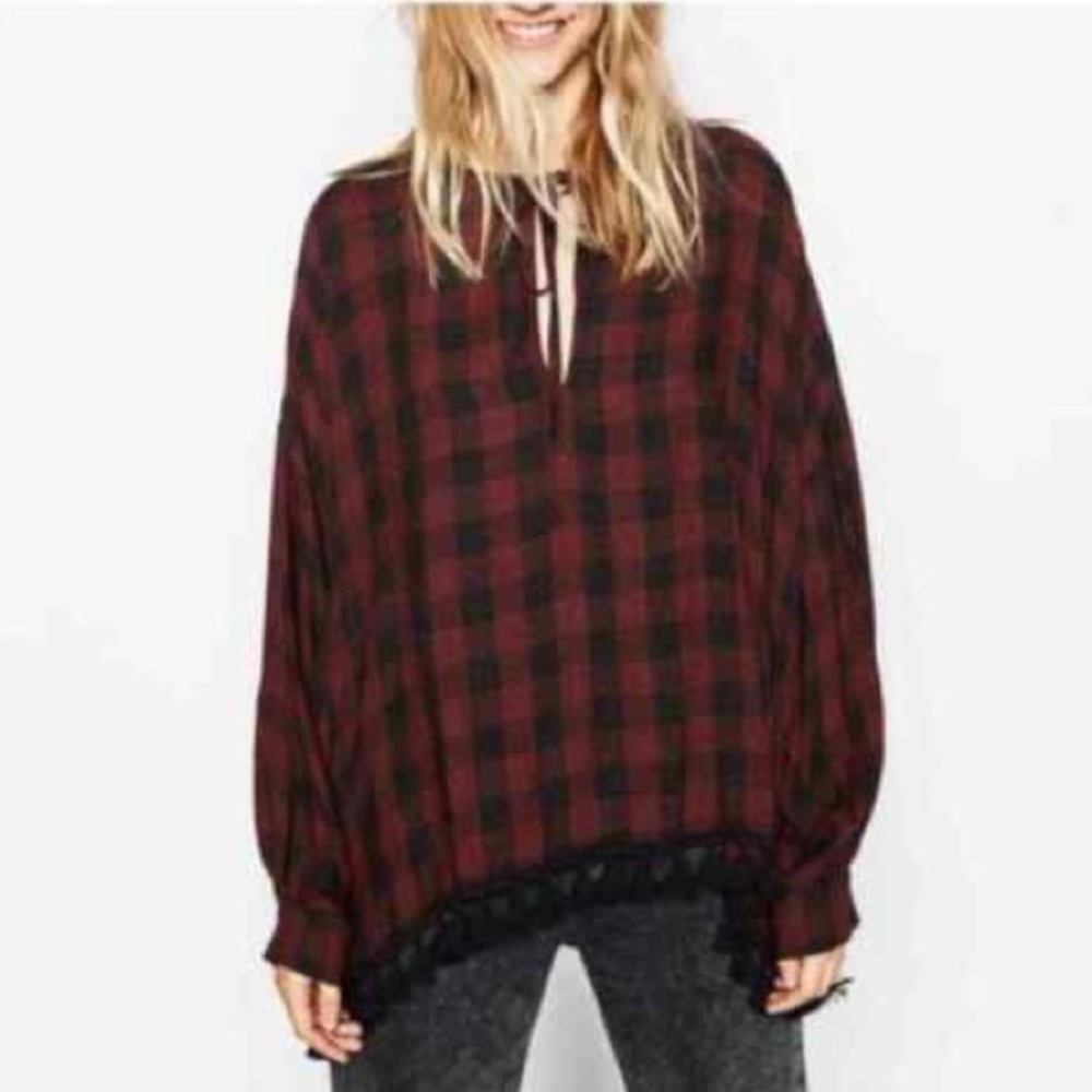 Zara Red/Black Plaid Tassel Hem V-Neck Top
